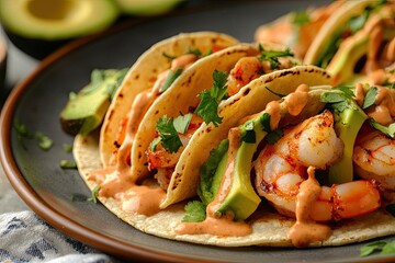 Shrimp tacos with avocado, cilantro, and sauce