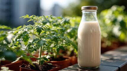 Close-up view of a glass bottle of milk next to ripe tomatoes and thriving tomato plants in natural light during a sunny day