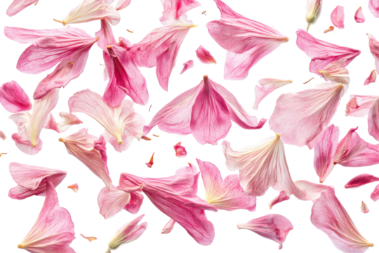 Delicate pink flower petals falling gently isolated on transparent background. Flying pink petals isolated on white background.