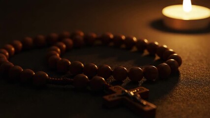 Wooden rosary with cross beside candle in dim light   - Powered by Adobe