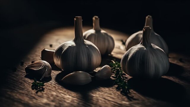 Fresh garlic bulbs and cloves on rustic wooden table with dramatic warm light in cozy kitchen