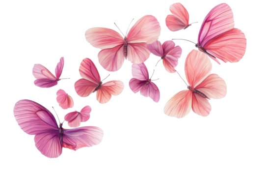Pink watercolor butterflies fluttering in a group isolated on transparent background. Flying pink petals isolated on white background.