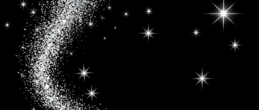 Luxury white glitter sparkles trail, magic dust, pixie dust path, Christmas stars isolated on black background. 4K Video
