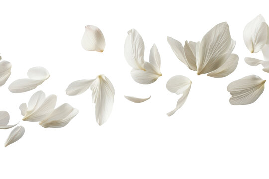 Soft falling white flower petals isolated on transparent background. Flying white petals isolated on white background.