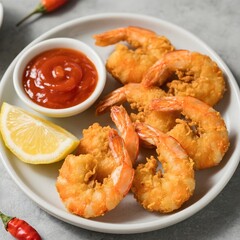 4k high quality Ai generative HD photo realistic business menu sell selling restaurant food fresh fried deep shrimp crumbs udang ring bites snack chili spicy sauce lemon asam manis closeup plate
