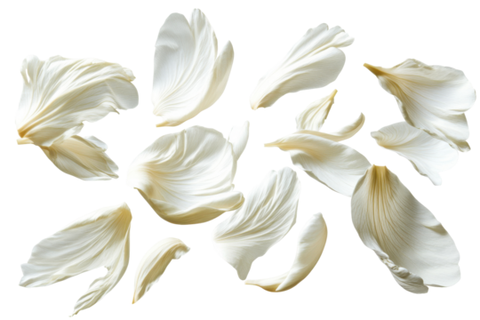 Scattered white flower petals isolated on transparent background. Flying white petals isolated on white background.