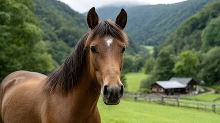 Fototapeta premium American horse with black mane and white forehead mark stands calmly by a wooden fence on a sunny day at a farm