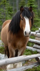 Obraz premium American horse with black mane and white forehead mark stands calmly by a wooden fence on a sunny day at a farm