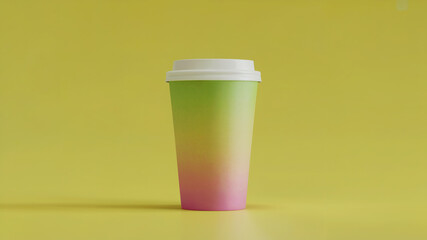 Colorful Gradient Coffee Cup with White Lid on Yellow Background