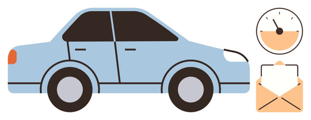 Blue car with black windows, speedometer, and open envelope representing transportation, delivery, speed, efficiency, communication, logistics mobility. Ideal for travel business courier services