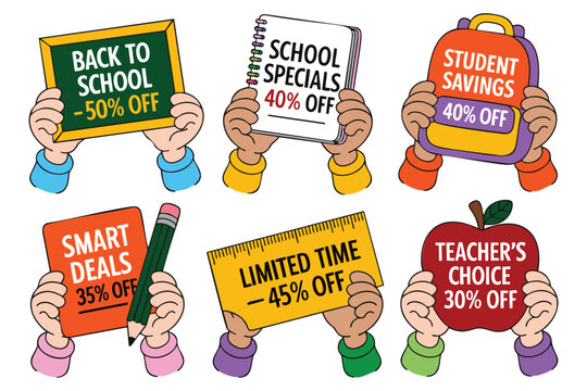 Hands holding signs for back to school sales and discounts with educational items - Powered by Adobe