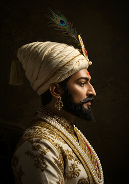 Portrait of Chhatrapati Shivaji Maharaj Indian Warrior King, Mughal Era, Royalty, Traditional Attire.