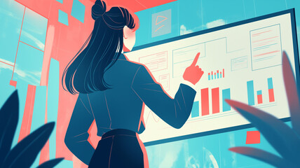 社内会議室で資料を手に取り、堂々とプレゼンテーションを行うスーツ姿の女性を描いたアニメ風イラスト。働く女性、オフィス、ビジネス、教育、講演、発表会、就職活動に役立つ抽象的イラスト素材。