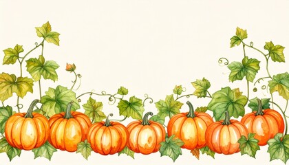 A watercolor painting of pumpkins on vine background expression gesture illustration design scene cartoonish creative depth composition frame emotion elements motion colorful movement