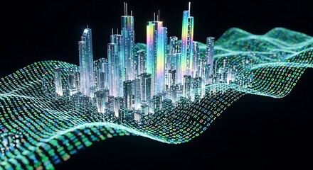 Futuristic Cityscape with Data Stream: Holographic Buildings and Binary Code Network