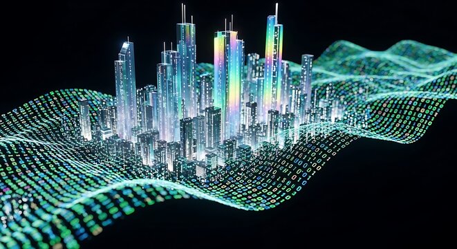 Futuristic Cityscape with Data Stream: Holographic Buildings and Binary Code Network - Powered by Adobe