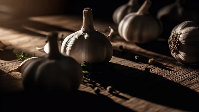 Close-up garlic bulbs and cloves with herbs on rustic wooden cutting board in warm kitchen light