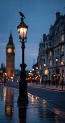 London street lamp at dusk, reflecting in wet pavement, with Big Ben in background