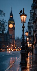 Fototapeta premium London street at twilight, lit by lamps