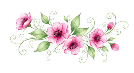 Delicate pink watercolor roses with green leaves and black swirls accents floral design element transparent background