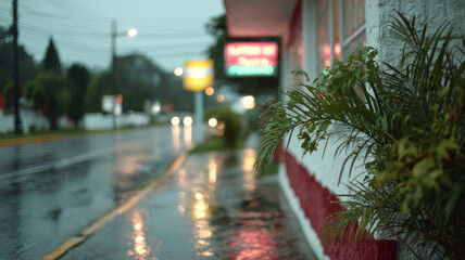 Obraz premium Rainy urban street scene with neon lights and wet pavement.