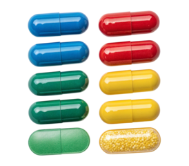 Colorful capsules isolated on transparent background, representing various medications