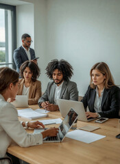 Fototapeta premium Diverse and inclusive business team in a strategy meeting. Young multicultural professionals brainstorming and collaborating on a new project in a modern startup office environment.