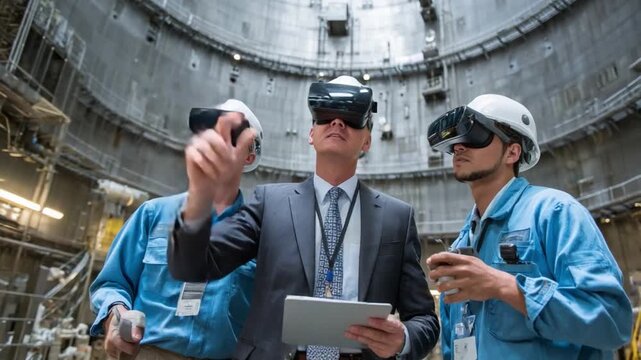 Innovation Unveiled: A team of engineers, immersed in virtual reality headsets within a modern industrial facility, signifies cutting-edge design and engineering.