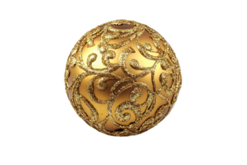 Golden christmas ornament with intricate pattern isolated on transparent background. Gold christmas ball isolated on white background.