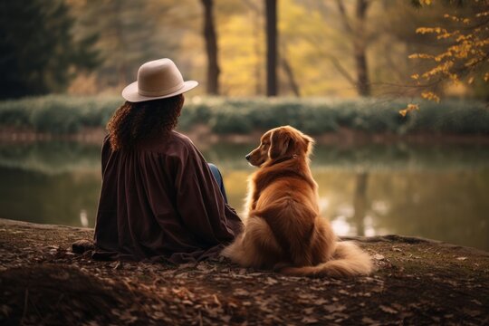 Woman sitting with dog retriever outdoors animal.