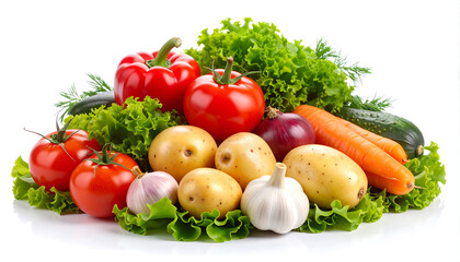 Fresh Vibrant Vegetables: Tomatoes, Potatoes, Carrots, and More, Studio Shot, Healthy Eating Concept, White Background,  High-Resolution Image.