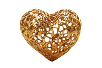 Intricate golden heart sculpture isolated on transparent background. Golden heart isolated on white background, 3d rendering.