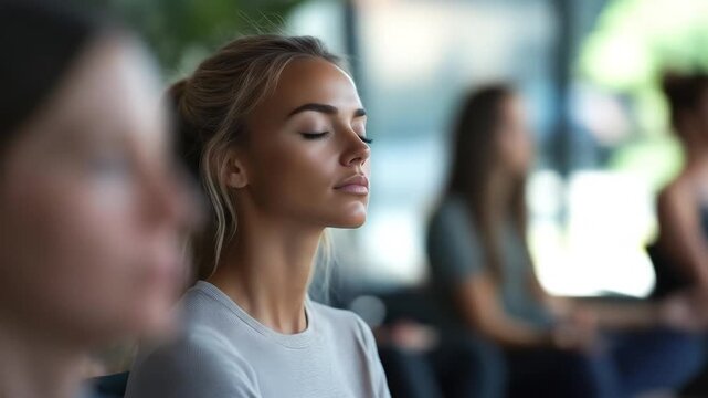 Young woman meditates, eyes closed, in group setting.  Focus shifts, showcasing inner peace and mindfulness practice. Represents tranquility, serenity, and mental wellness