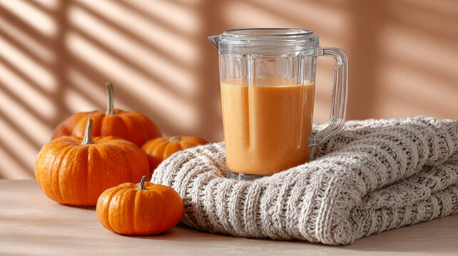 Pumpkin smoothie in blender on knit blanket with small pumpkins.