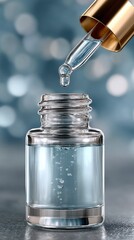 Clear liquid drips from a dropper into a crystal bottle, highlighting the beauty serum's smooth flow and vibrant blue backdrop