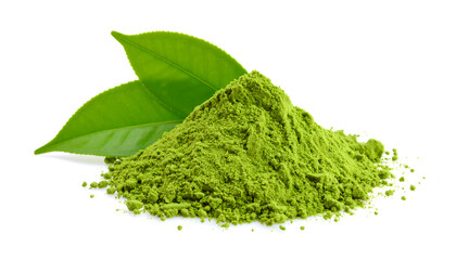 Vibrant Green Matcha Powder Pile with Fresh Tea Leaves, Isolated on White Background, Healthy and Natural Food Image, Studio Shot, High-Resolution.