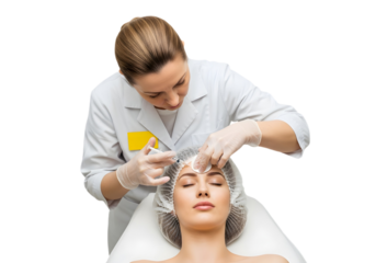 Woman receiving botox injection in forehead by doctor on transparent background