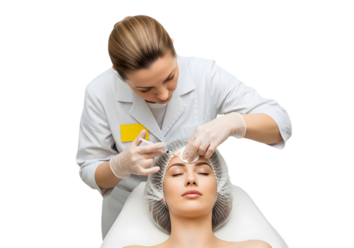 Woman receiving botox injection in forehead by doctor on transparent background
