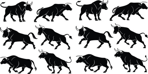 Black Line Bull Icons Set including Flat Animal Power Mascot and Taurus Symbol Collection with Minimal Bull Icon Group for UI Web Agriculture Finance and Wild Strength Design Projects