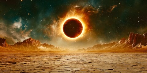 Solar eclipse over desert mountains dramatic sky cosmic celestial wonder scene