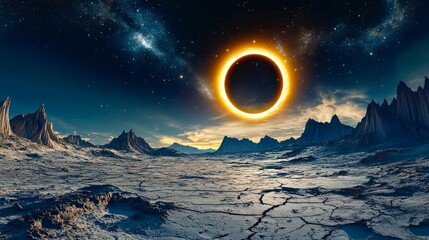 Solar eclipse over snowy mountains dramatic cosmic sky celestial astronomy wonder