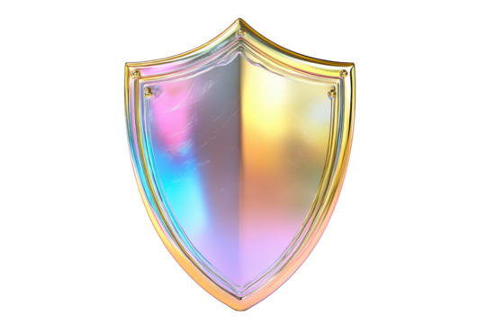 Golden shield with iridescent surface isolated on transparent background. Golden shield holographic Iridescent isolated on white background, 3d rendering.