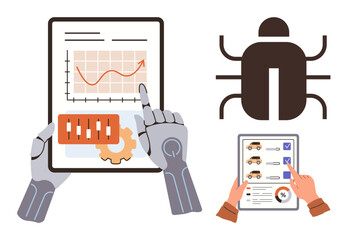 Robotic hand analyzing data on tablet with rising graph, human hand managing tasks, bug icon. Ideal for technology, AI, automation, robotics, software, data analysis problem-solving simple flat