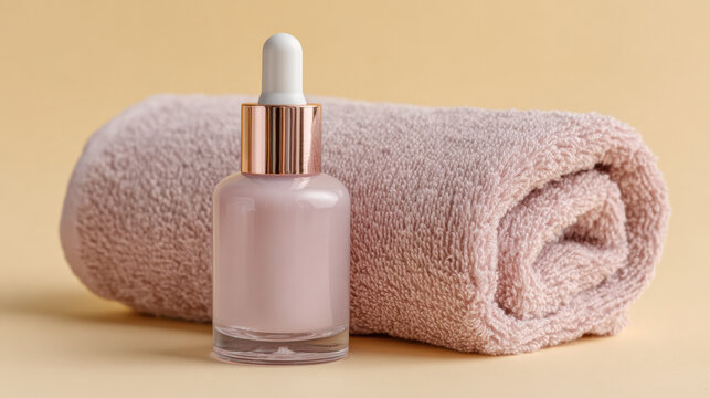 Pink serum dropper with soft pink towel on minimalist beige background. National Peel Day