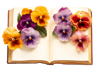 Colorful pansy flowers arranged beautifully on an open book isolated on transparent background