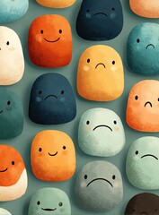 Colorful, textured, round figures with simple faces