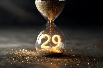 Golden hourglass with number 29 glowing, symbolizing time passing and precious moments slipping away