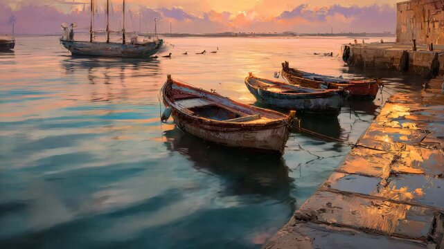 Vibrant sunset over calm water with fishing boats gently bobbing at the dock during early evening on a serene coastline