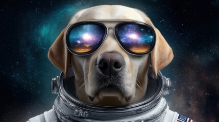 Labrador in sunglasses wears astronaut suit against a cosmic background with stars and galaxies