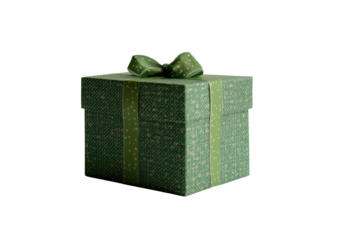 Green gift box tied with ribbon isolated on transparent background. Green gift box isolated on white background.